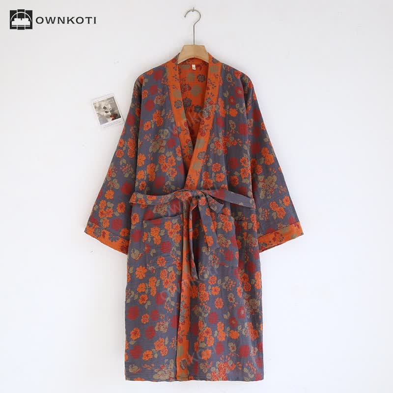 Jacquard Floral Kimono Cotton Gauze Bathrobe