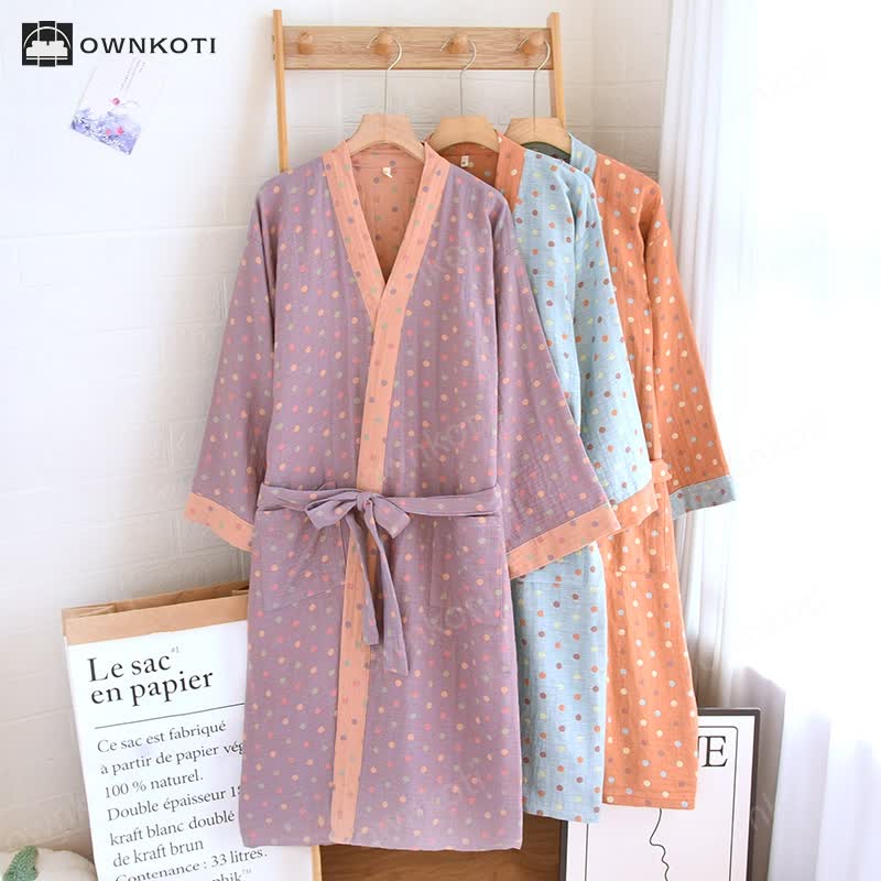 Colorful Dots Cotton Gauze Kimono Bathrobe