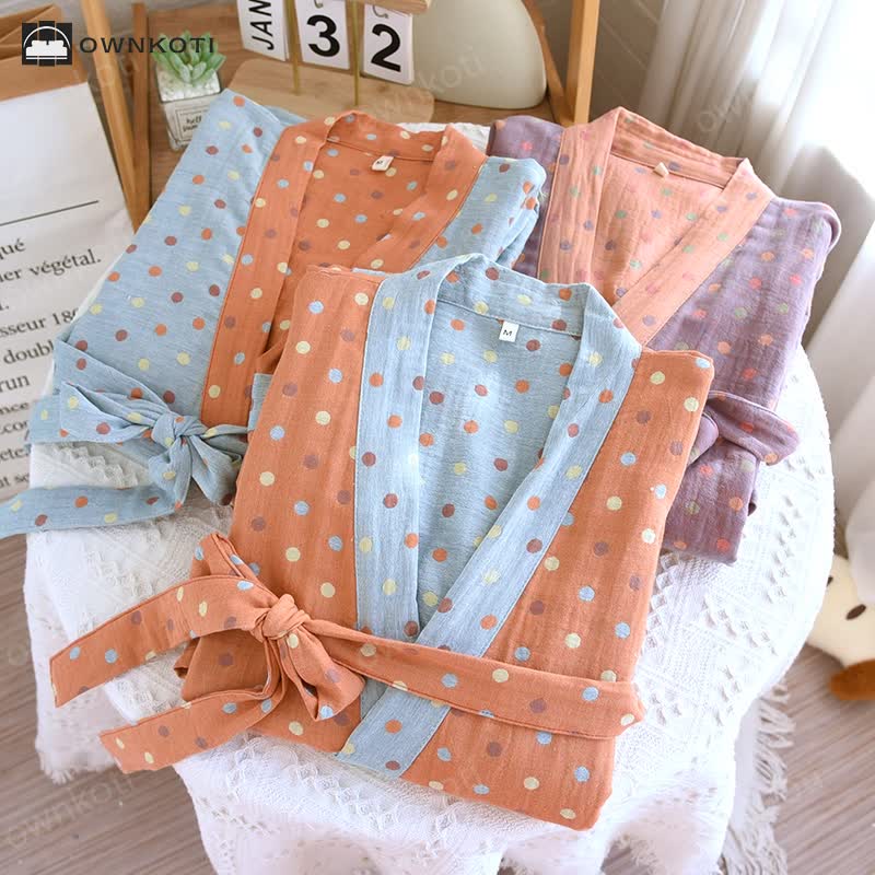 Colorful Dots Cotton Gauze Kimono Bathrobe