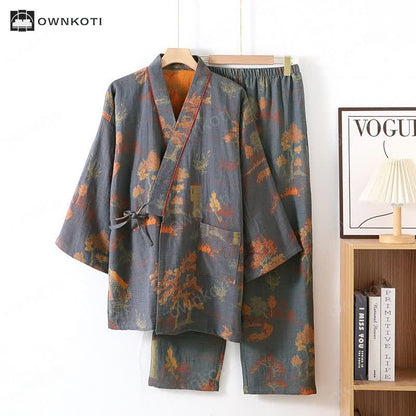 Neutral Landscape Kimono Cotton Pajama Set