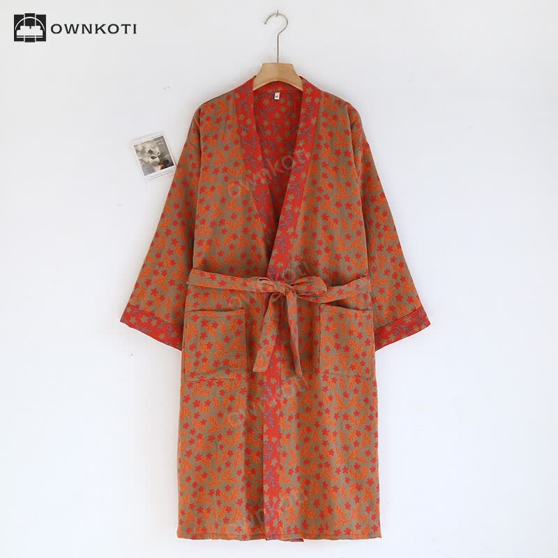 Retro Floral Kimono Cotton Gauze Bathrobe