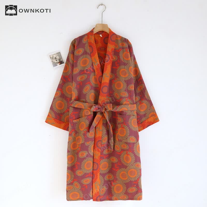 Double Layer Cotton Gauze Jacquard Floral Bathrobe