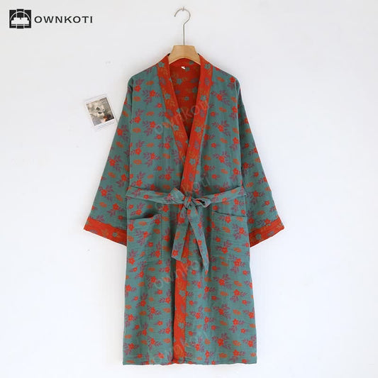 Jacquard Floral Cotton Gauze Lightweight Bathrobe