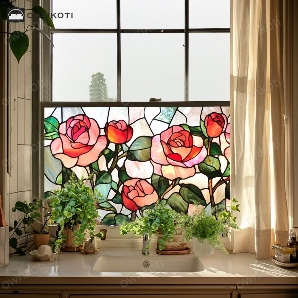 Floral Removable Non-Adhesive Glass Window Film