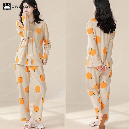 V-neck Cotton Rural Orange Pajama Set