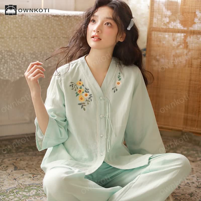 Cotton Gauze Embroidered Floral Gauze Pajama Set