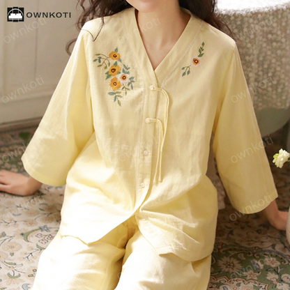 Cotton Gauze Embroidered Floral Gauze Pajama Set