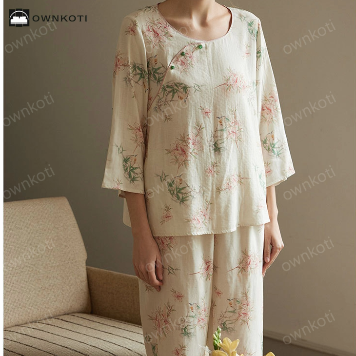 Pastoral Bamboo Fiber Round-neck Pajama Set