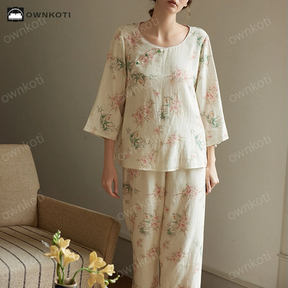 Pastoral Bamboo Fiber Round-neck Pajama Set