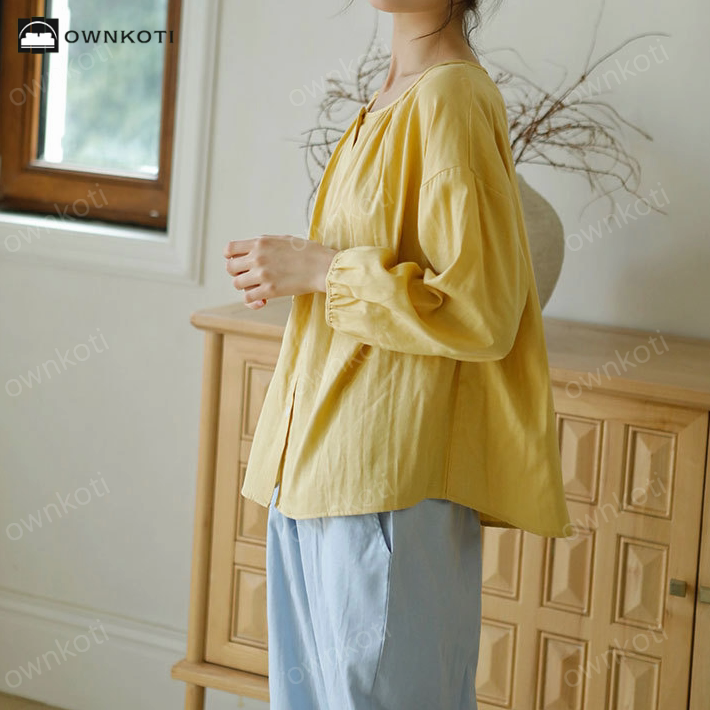 Solid Color Round Neckline Cotton Gauze Nightwear