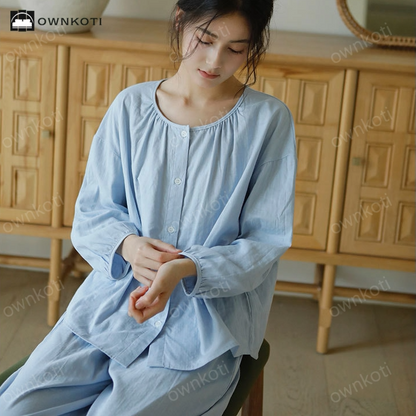 Solid Color Round Neckline Cotton Gauze Nightwear