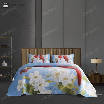 Rural Gardenia Bird Quilted Breathable Bedding Set(3PCS)