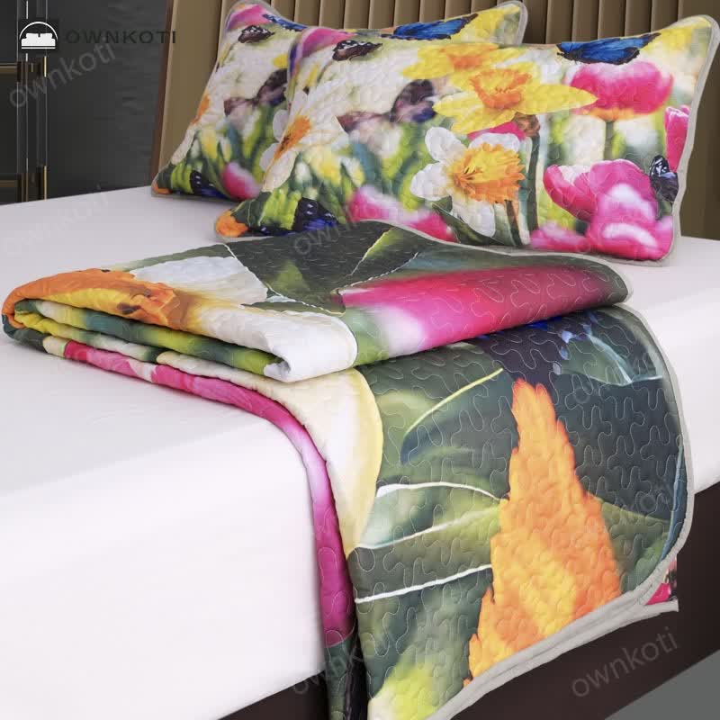 Colorful Floral Quilted Lightweight Bedding Set(3PCS)