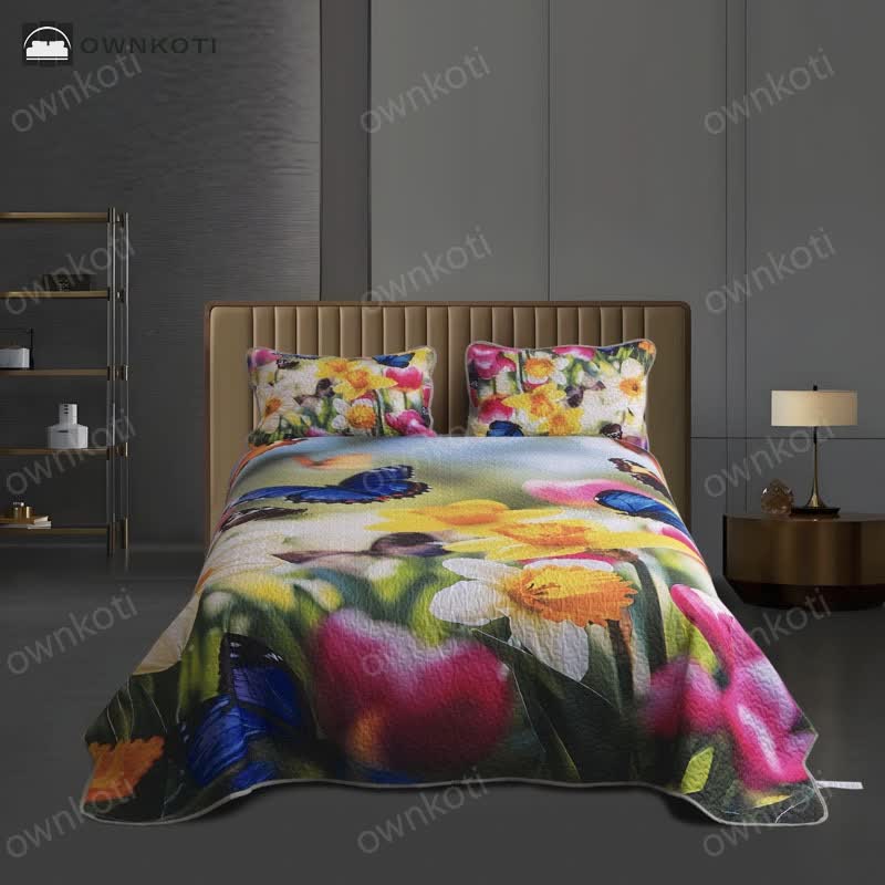 Colorful Floral Quilted Lightweight Bedding Set(3PCS)