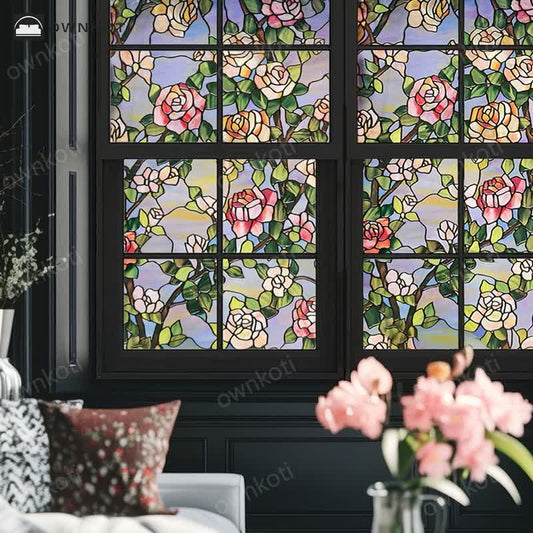 Stained Rose Removable Static Window Privacy Film