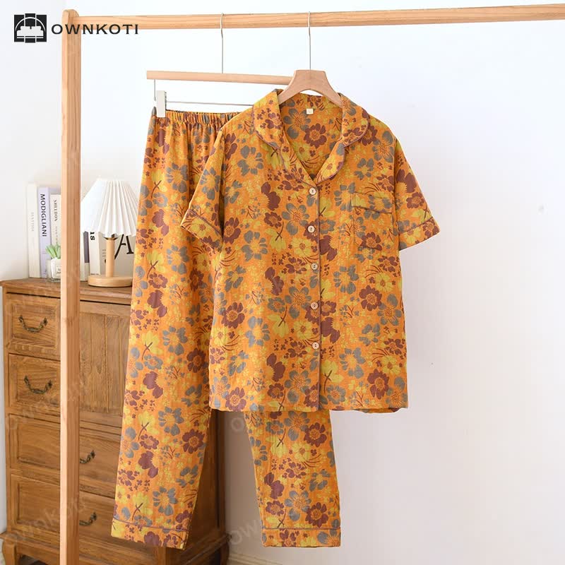 Lapel Neckline Floral Cotton Pajama Set