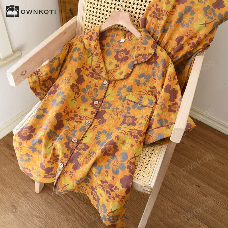 Lapel Neckline Floral Cotton Pajama Set