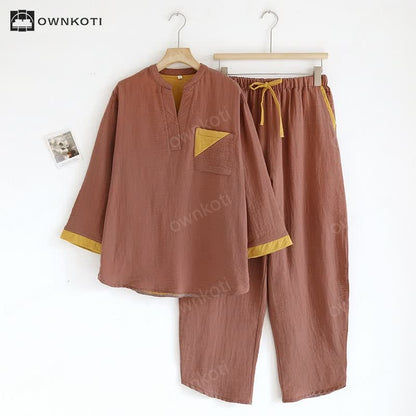 Colorblock Double Layer Cotton Gauze Pajama Set