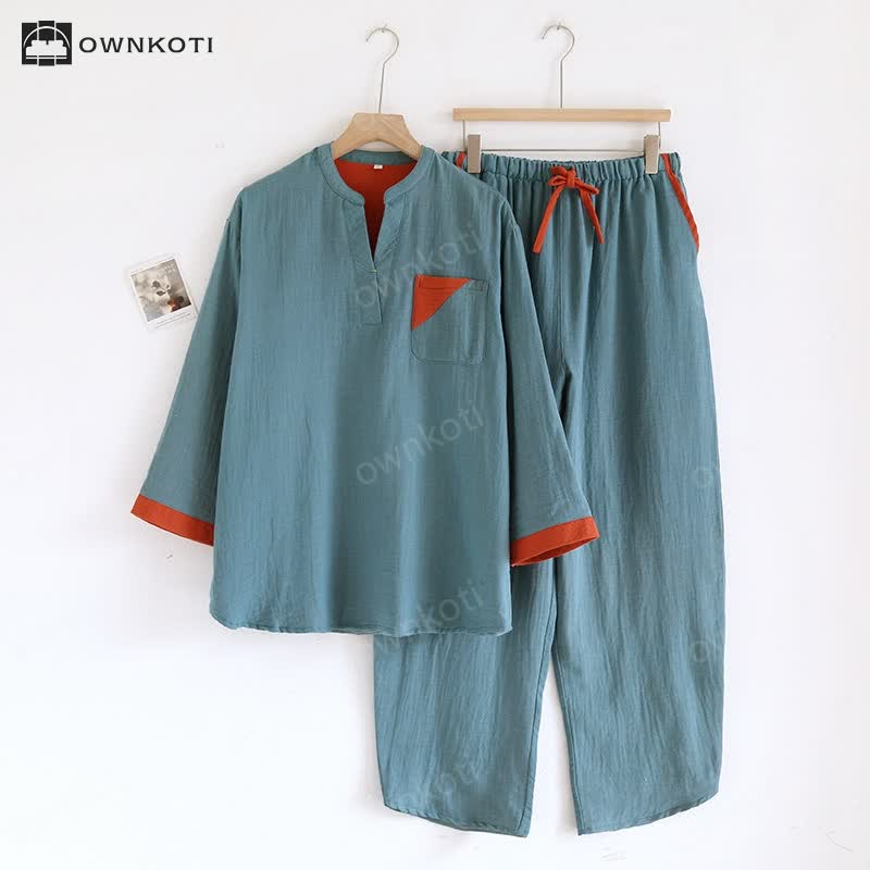 Colorblock Double Layer Cotton Gauze Pajama Set