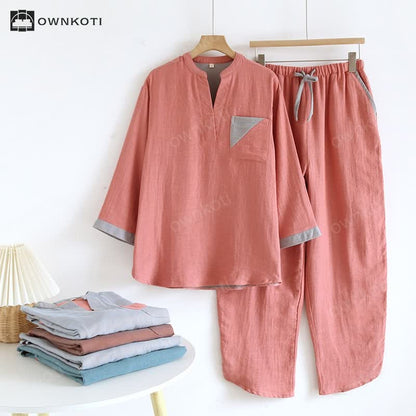 Colorblock Double Layer Cotton Gauze Pajama Set