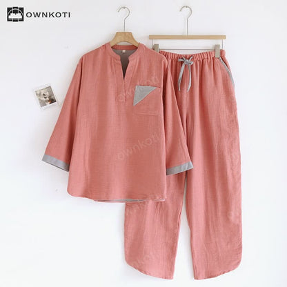 Colorblock Double Layer Cotton Gauze Pajama Set