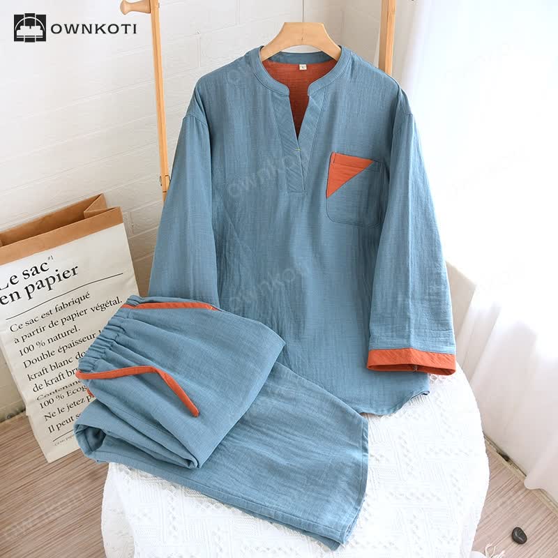 Colorblock Double Layer Cotton Gauze Pajama Set