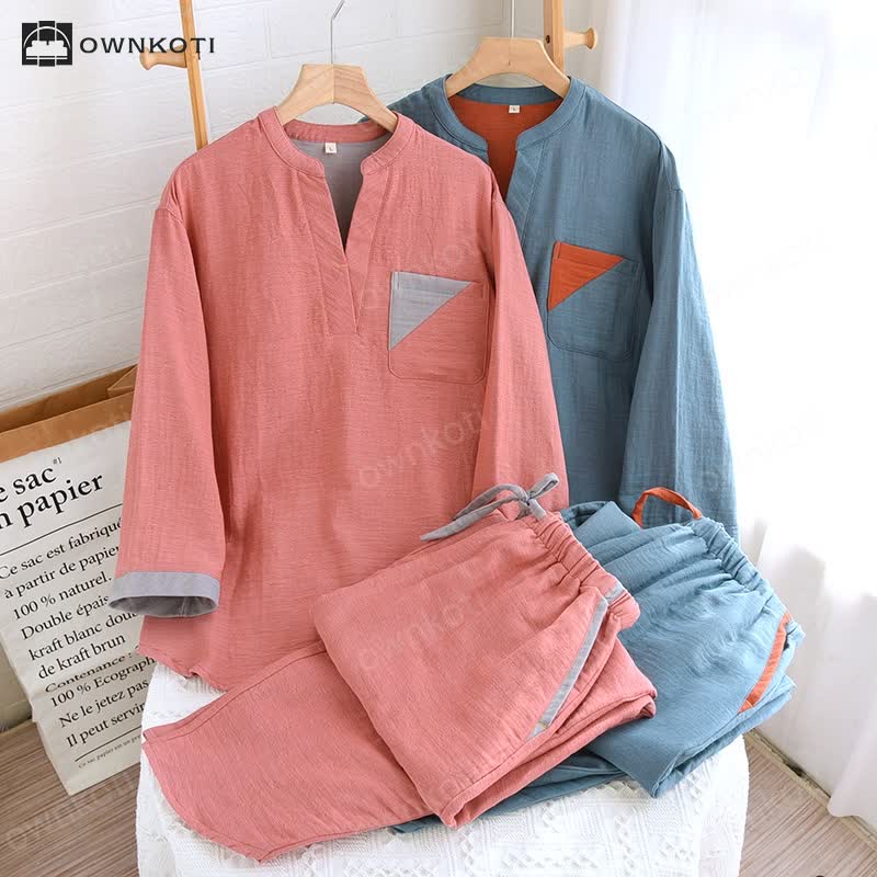 Colorblock Double Layer Cotton Gauze Pajama Set