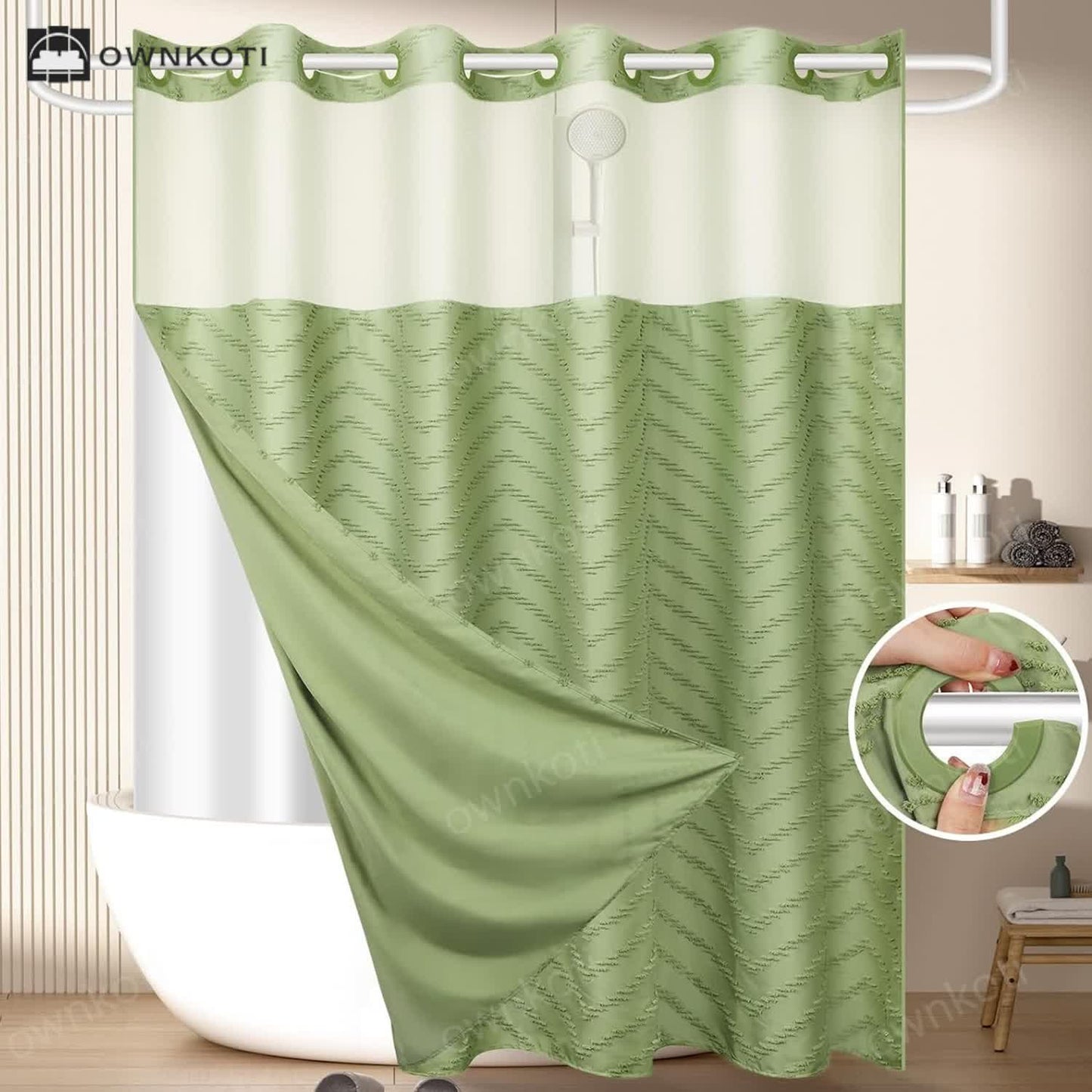 Tufted Zigzag Print  No Hook Shower Curtain