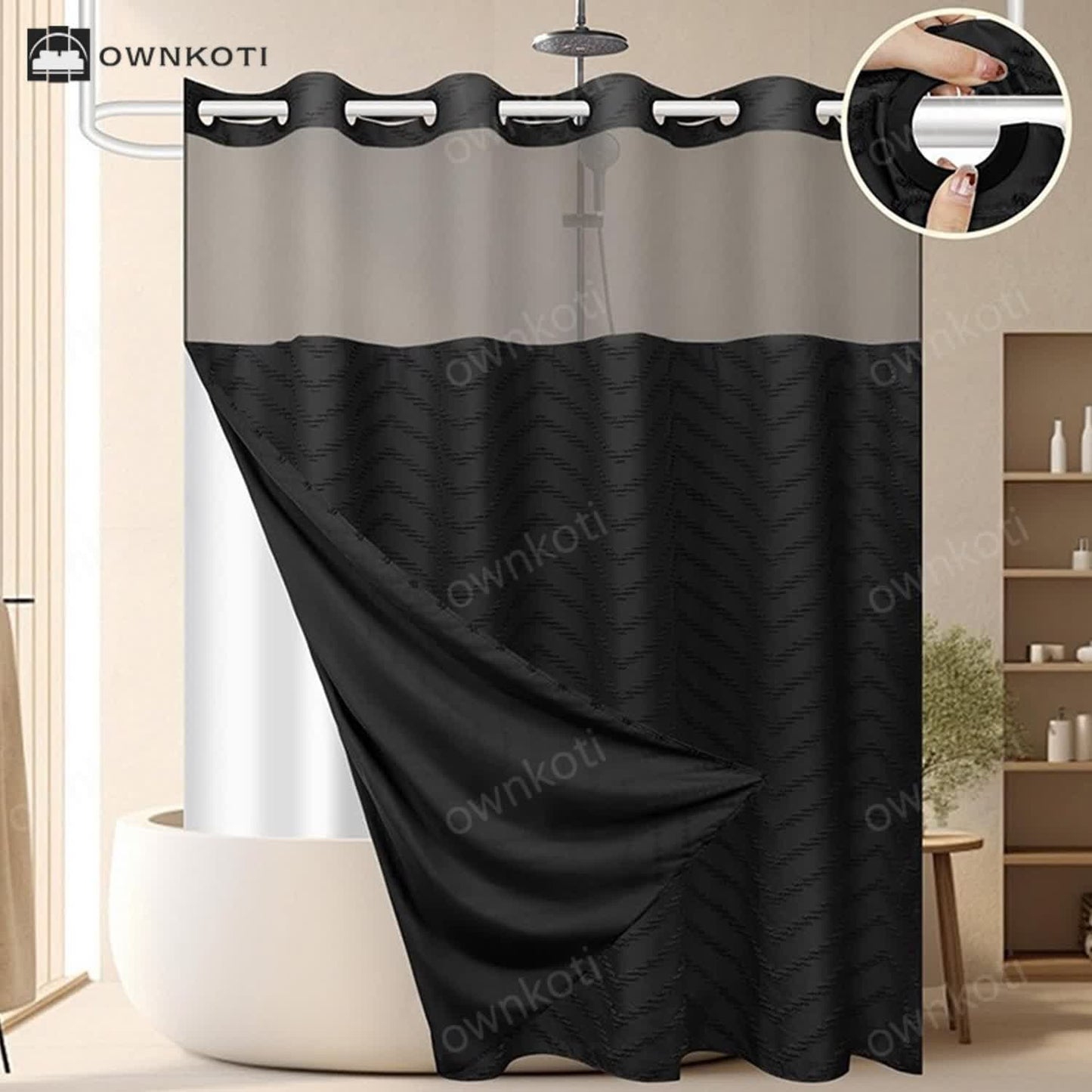 Tufted Zigzag Print  No Hook Shower Curtain