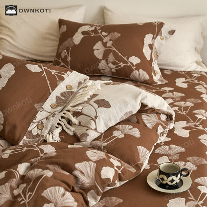 Button Ginkgo Leaf Cotton Gauze Bedding Set (4PCS)