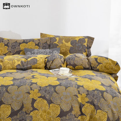 Elegant Floral Cotton Gauze Button Bedding Set (4PCS)