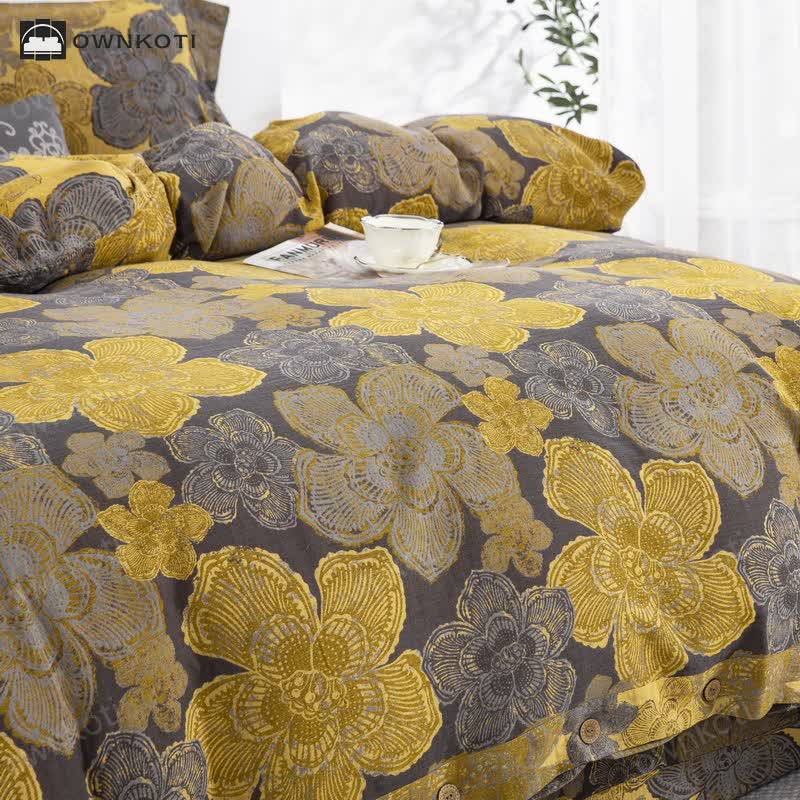 Elegant Floral Cotton Gauze Button Bedding Set (4PCS)