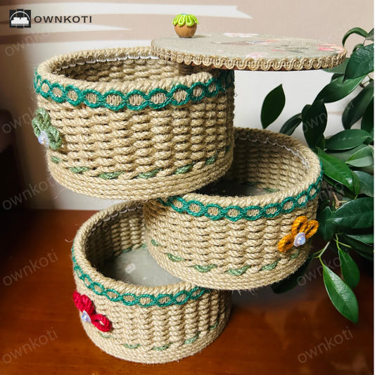 Rural Three-layer Hemp Rope Storage Basket