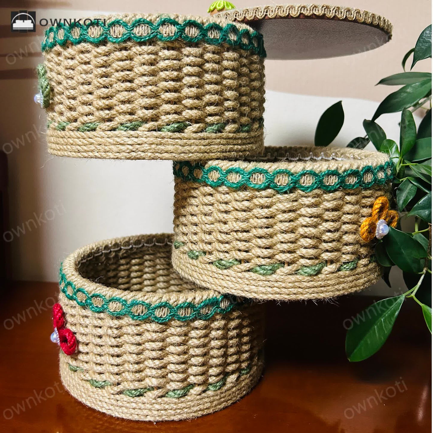 Rural Three-layer Hemp Rope Storage Basket