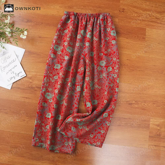 Jacquard Retro Floral Cotton Gauze Pajama Pants