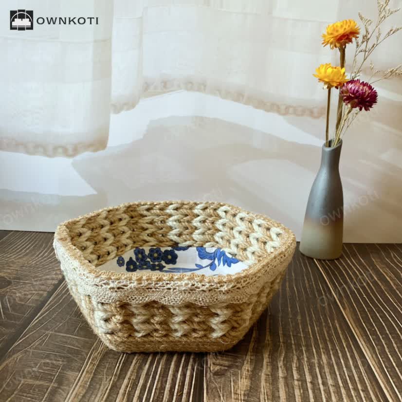 Hexagon Floral Hemp Rope Storage Basket