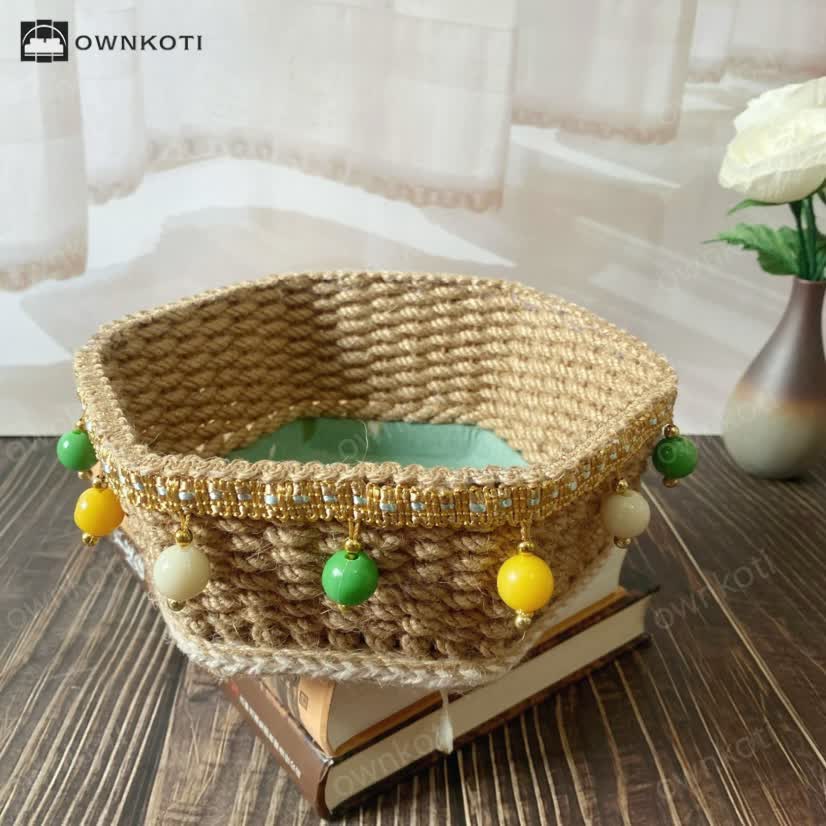 Hexagon Floral Hemp Rope Storage Basket