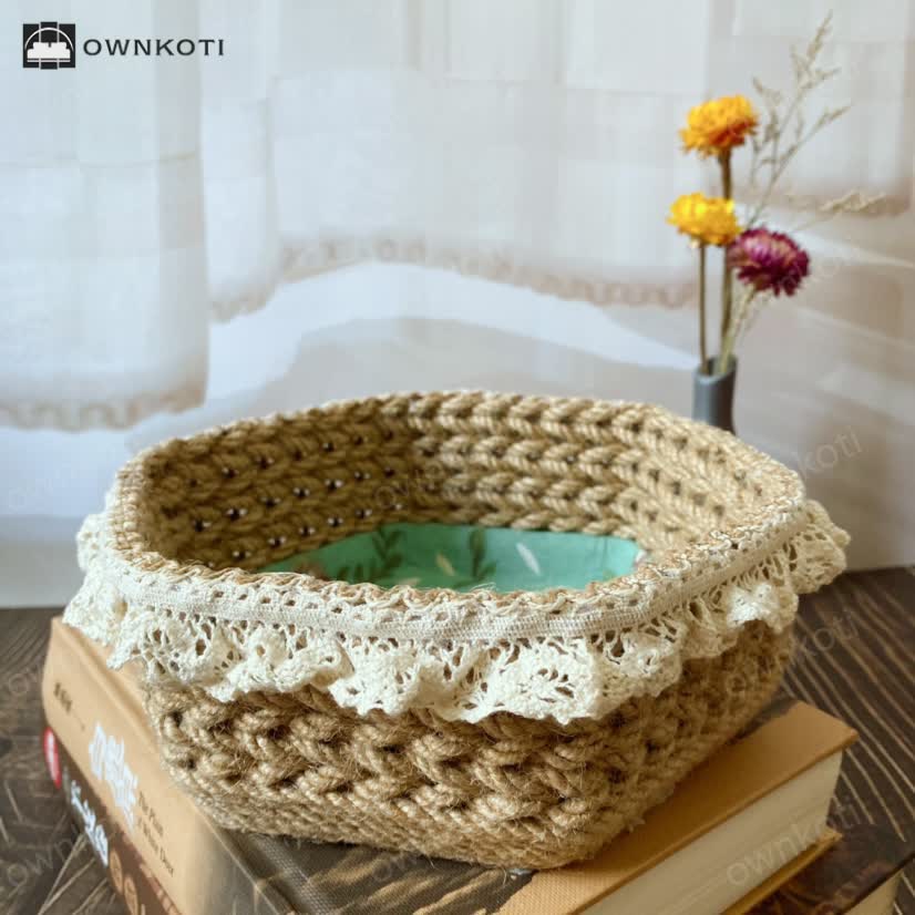 Hexagon Floral Hemp Rope Storage Basket