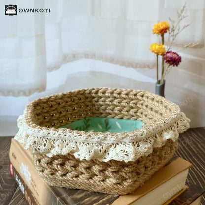 Hexagon Floral Hemp Rope Storage Basket