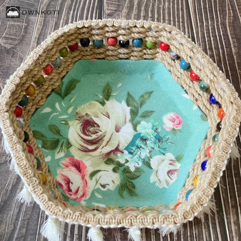 Hexagon Floral Hemp Rope Storage Basket