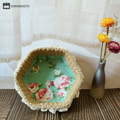 Hexagon Floral Hemp Rope Storage Basket