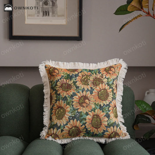 Jacquard Rural Sunflower Tassel Soft Pillowcase