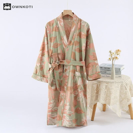 Jacquard Leaf Cotton Kimono Spa Bathrobe