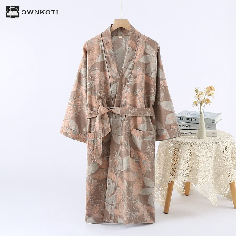 Jacquard Leaf Cotton Kimono Spa Bathrobe