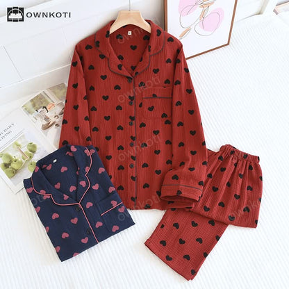 Jacquard Heart Lapel Cotton Loungewear Set