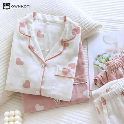 Cotton Gauze Heart Print Soft Pajama Set