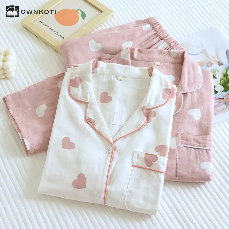 Cotton Gauze Heart Print Soft Pajama Set