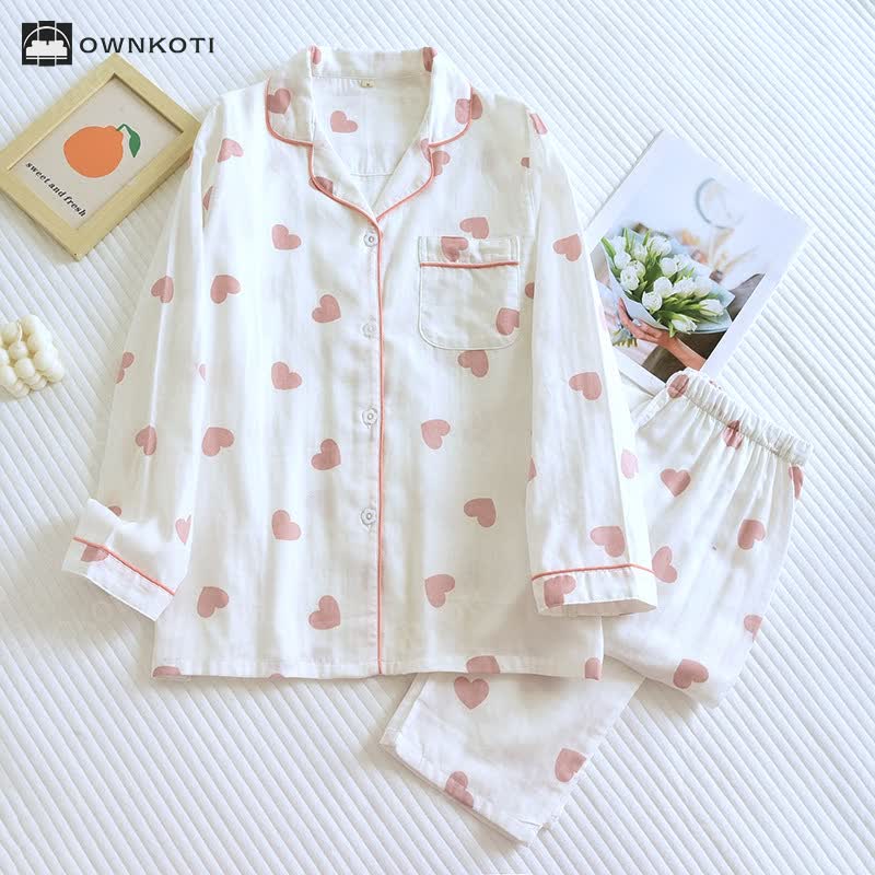 Cotton Gauze Heart Print Soft Pajama Set