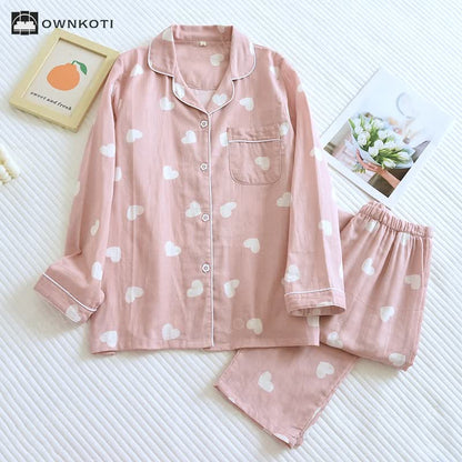 Cotton Gauze Heart Print Soft Pajama Set