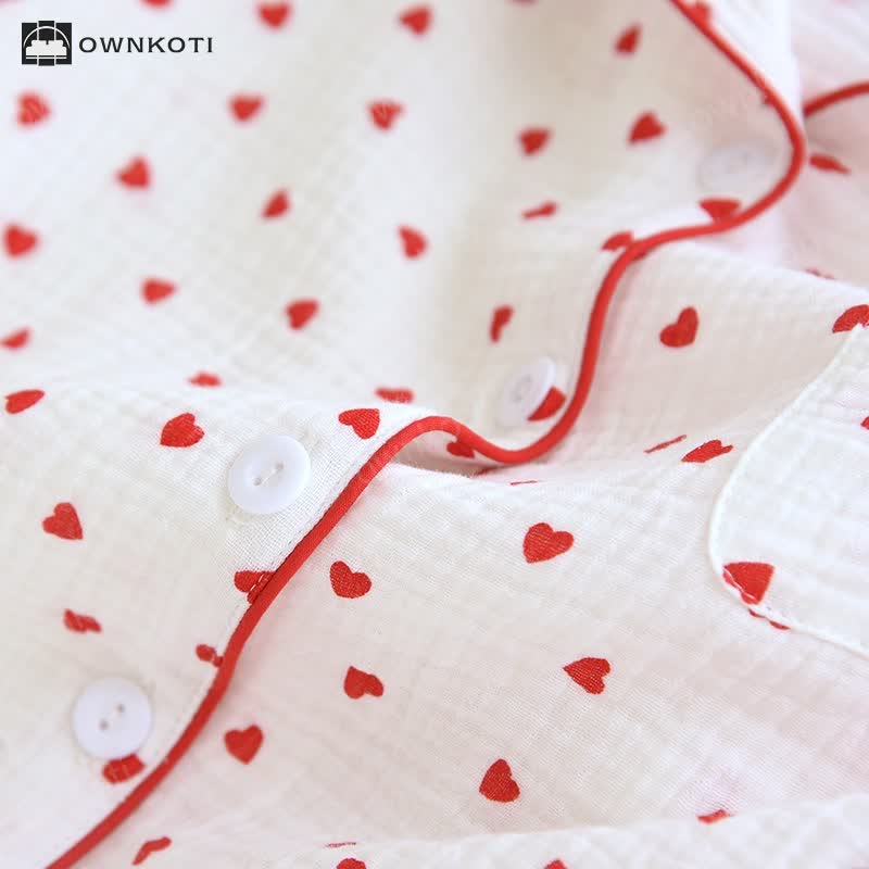 Simple Heart Lapel Cotton Gauze Loungewear Set